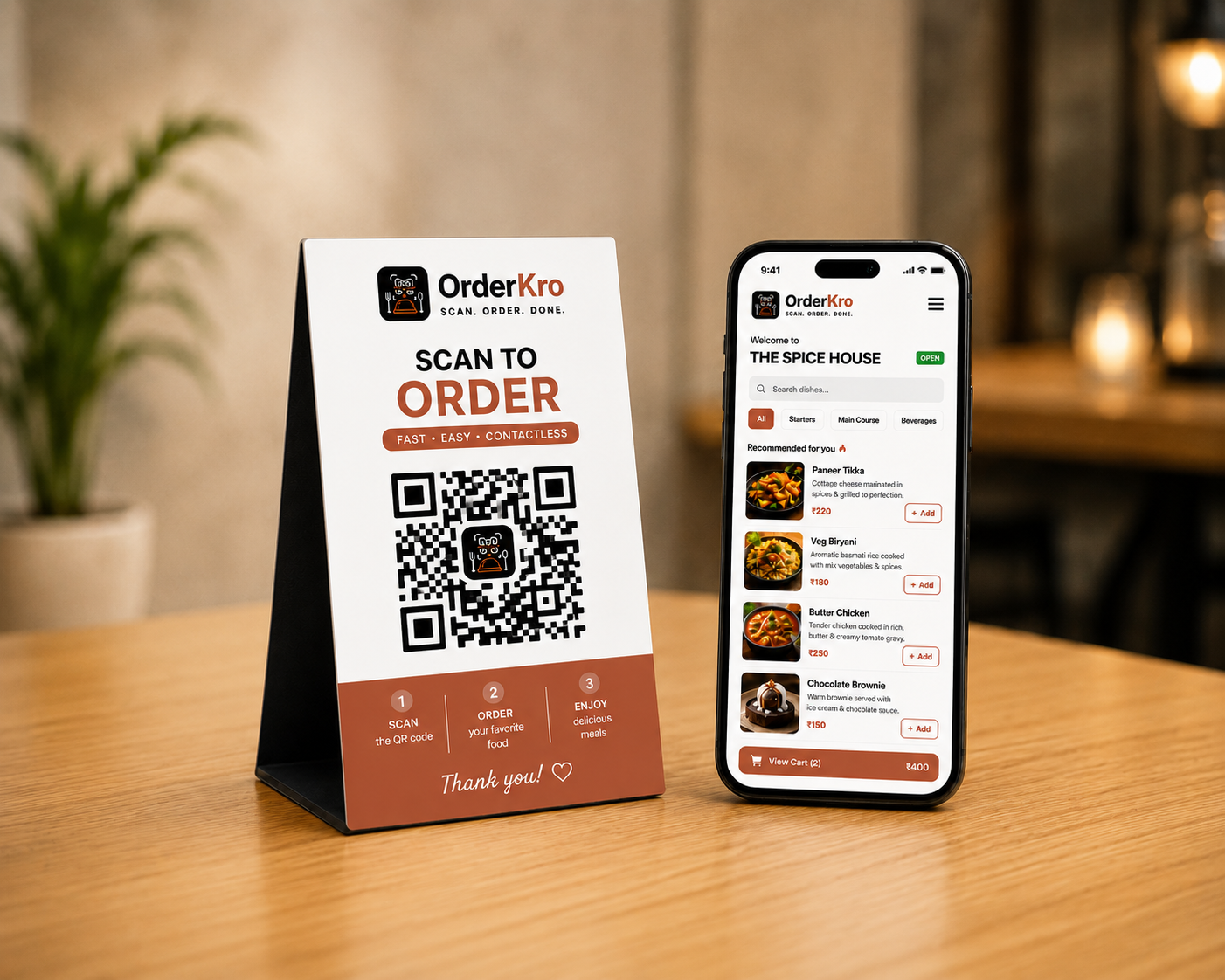 QR table ordering mockup showing MenuTap on a restaurant table